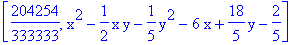 [204254/333333, x^2-1/2*x*y-1/5*y^2-6*x+18/5*y-2/5]